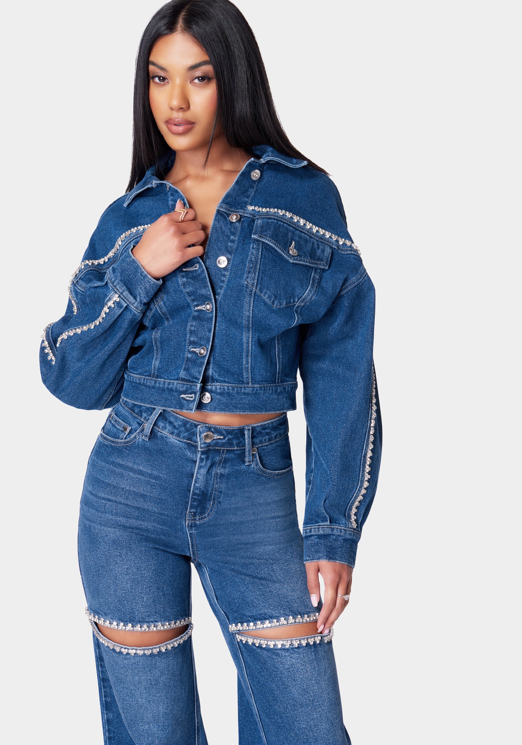 Rhinestone Detail Button Front Denim Jacket