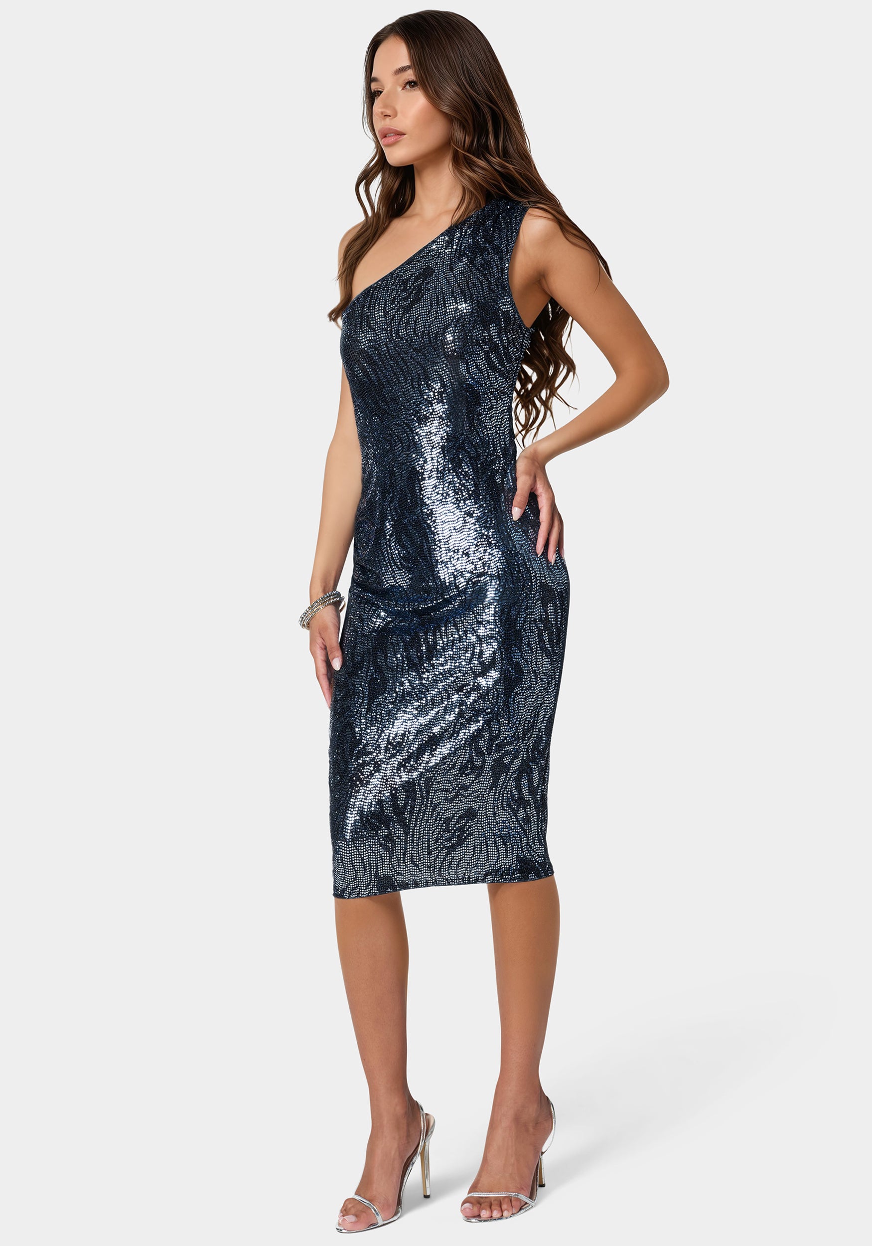 Zebra Sequin One Shoulder Midi Dress