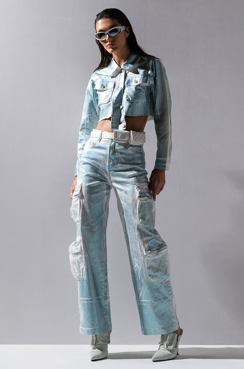 AUBREY BRUSHED METALLIC CROPPED DENIM JACKET