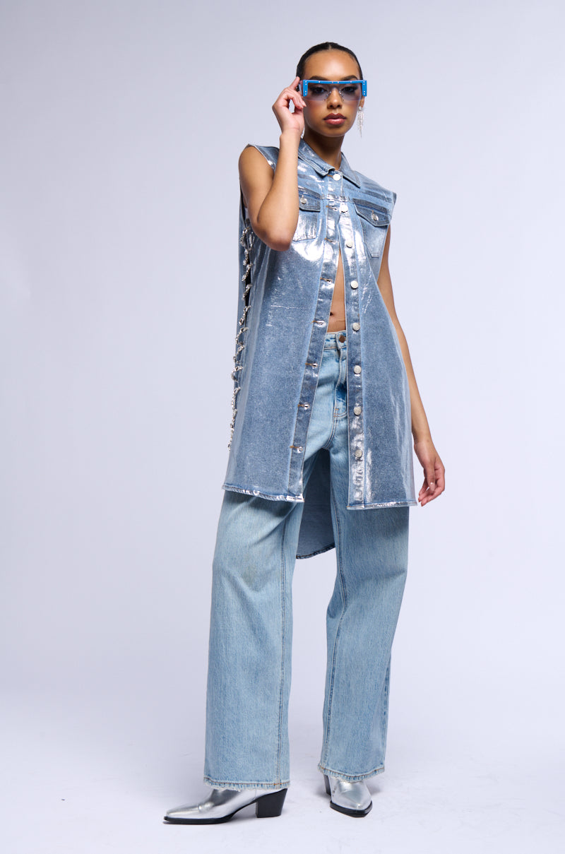 VEGAS RHINESTONE TRIM METALLIC DENIM VEST