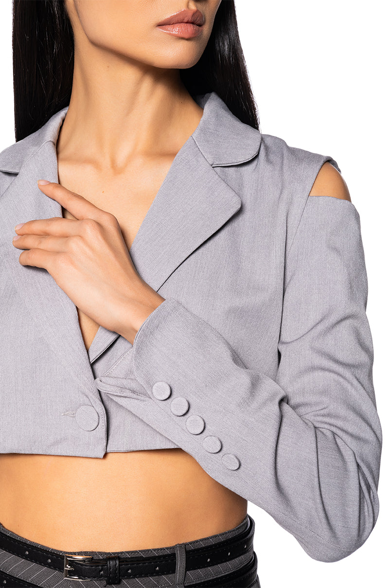 CLOCKING OUT CROP COLD SHOULDER BLAZER