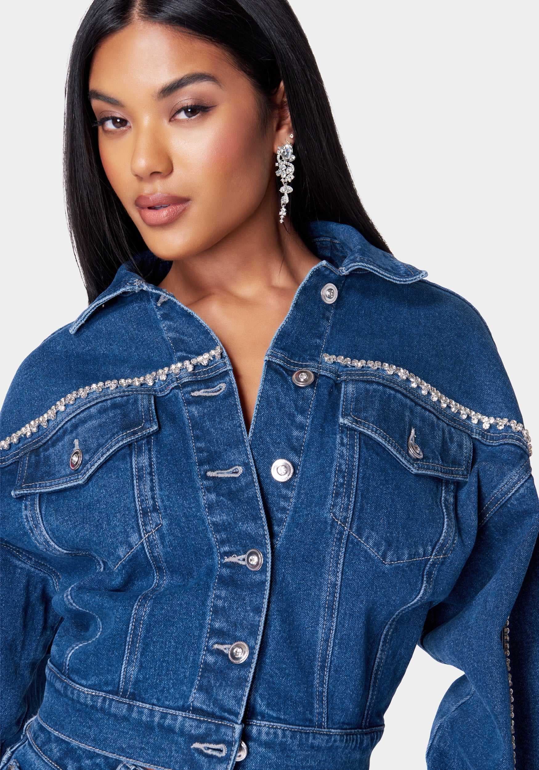 Rhinestone Detail Button Front Denim Jacket