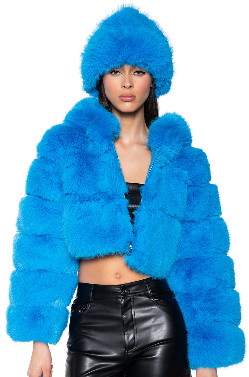 YETI FAUX FOX FUR COAT IN BLUE