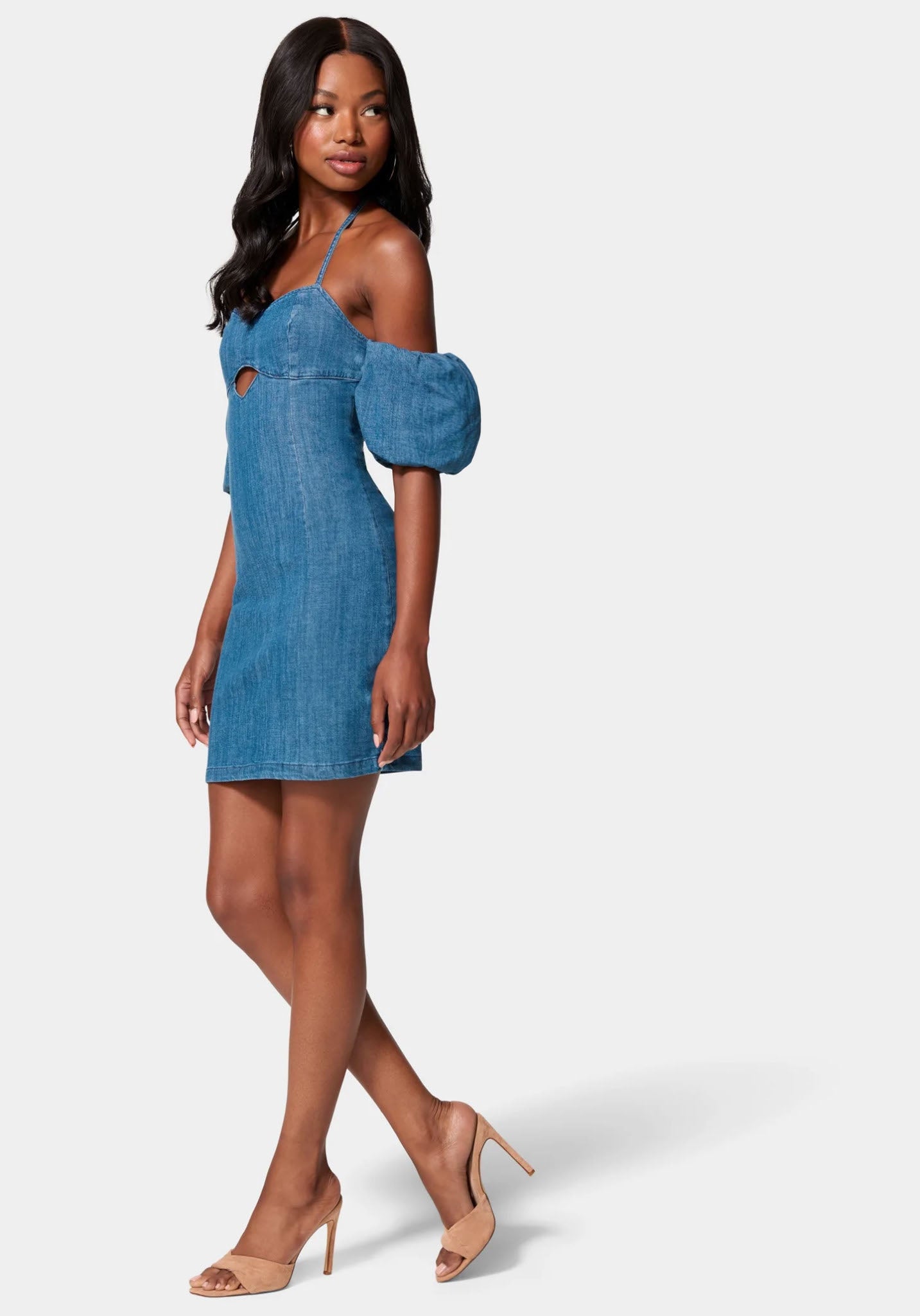 Off Shoulder Bubble Sleeve Denim Dress