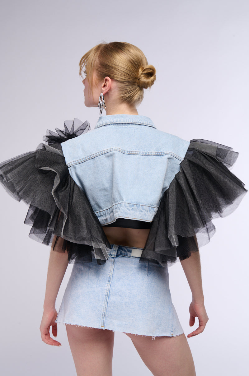 BEBE LUXE TULLE SHOULDER CROPPED DENIM VEST