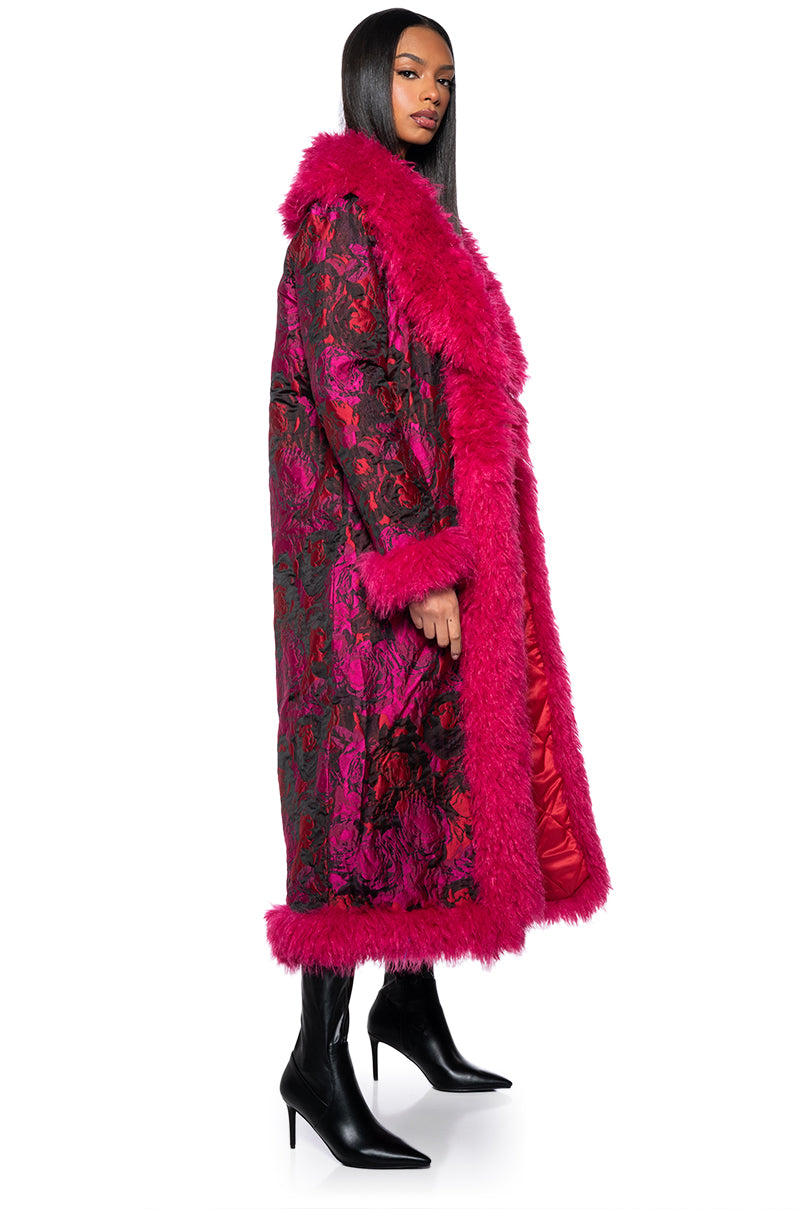 BROCADE PENNY LANE COAT WITH FAUX FUR