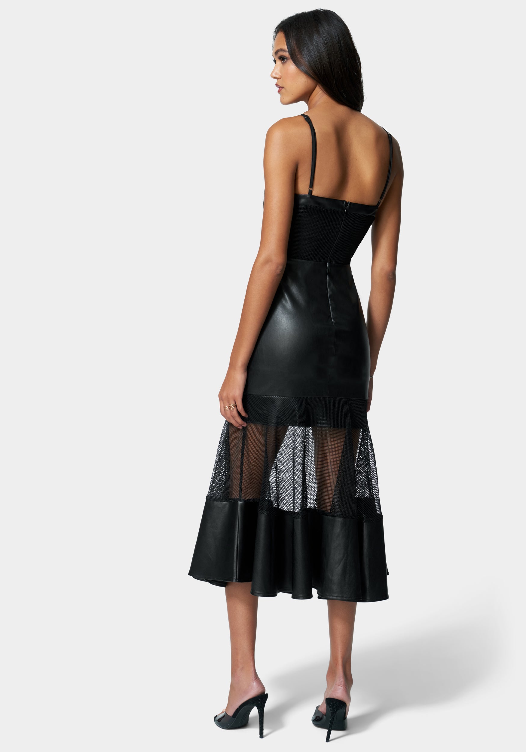 Mesh And Vegan Leather Flare Dress