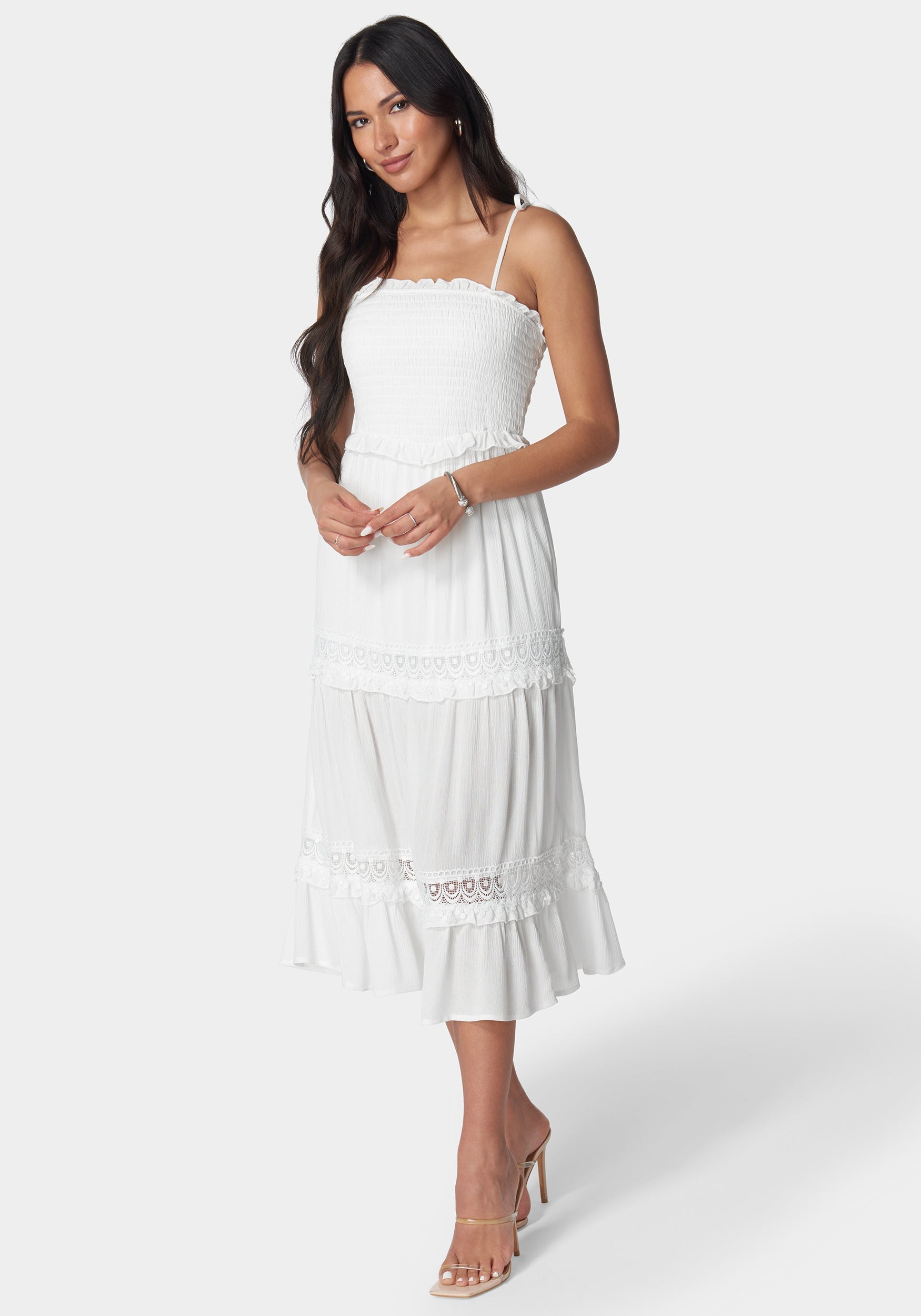 Lace Inset Smocked Midi Dress