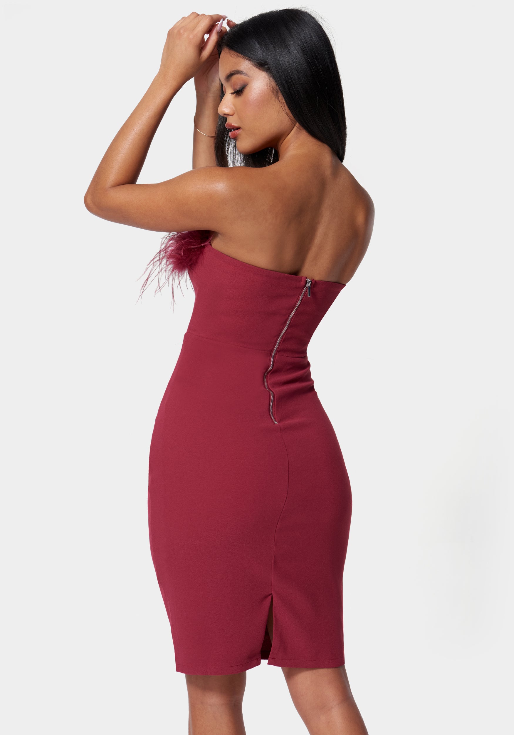 Feather Trim Strapless Midi Dress