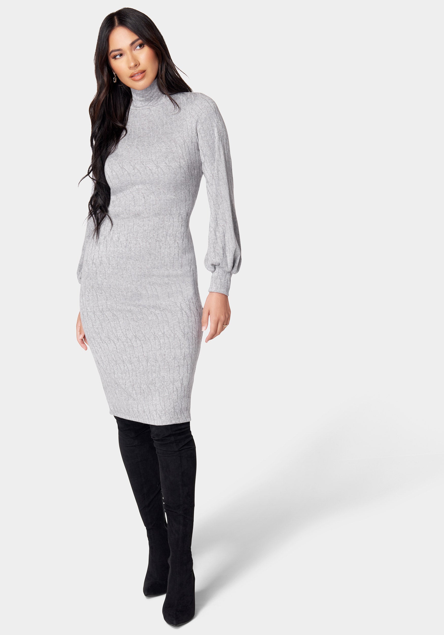 Midi Turtleneck Gather Sleeve Sweater Dress