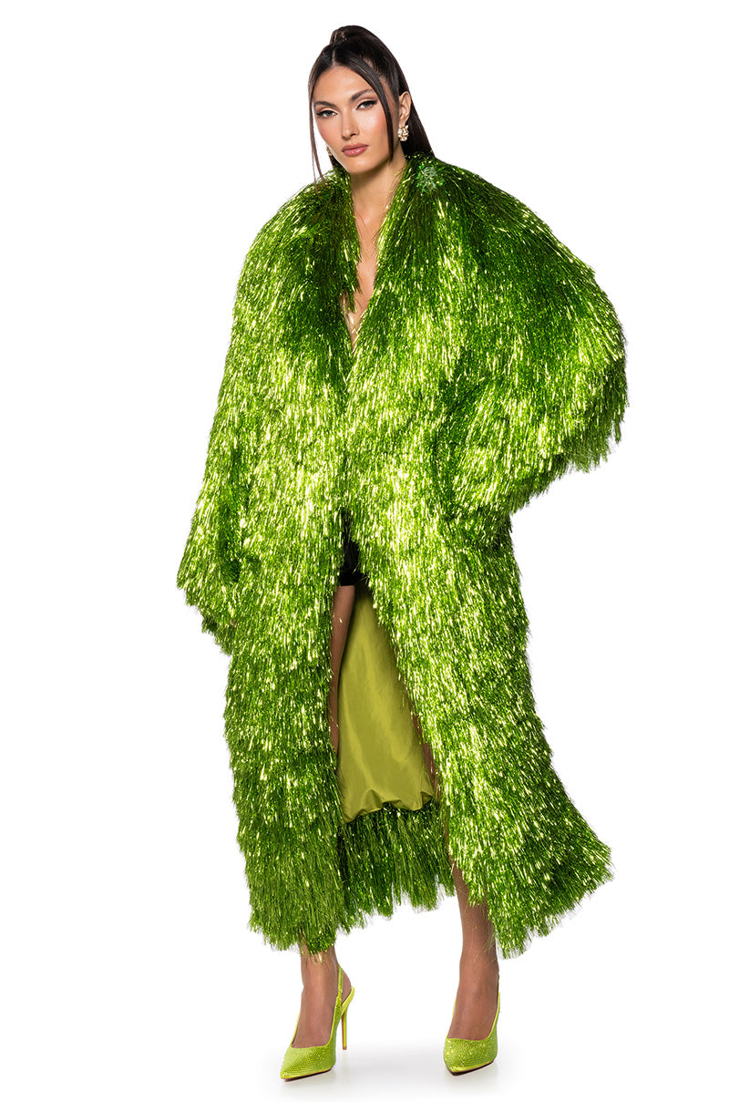 I'M SO FANCY TINSEL METALLIC SHAKET TRENCH IN GREEN