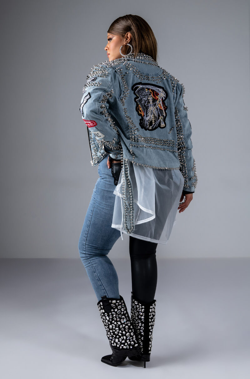 AZALEA WANG ACDC STUDDED PATCHWORK DENIM MOTO JACKET