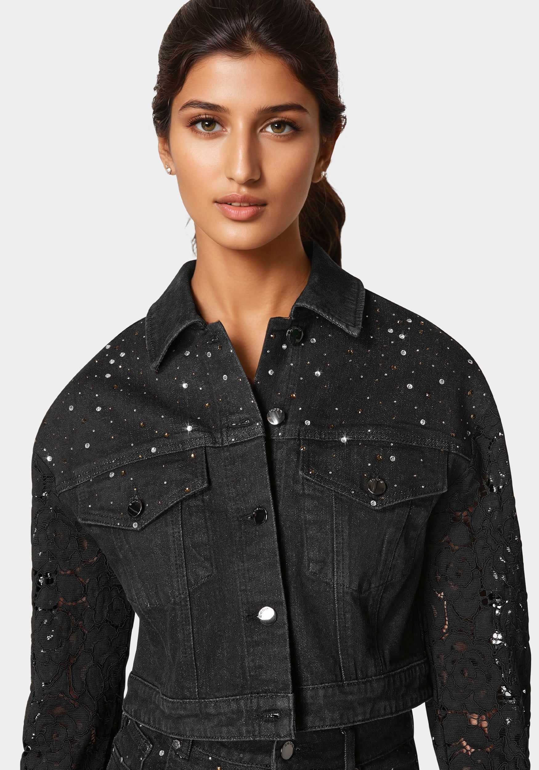 Drop Shoulder Embellished Lace Denim Jacket