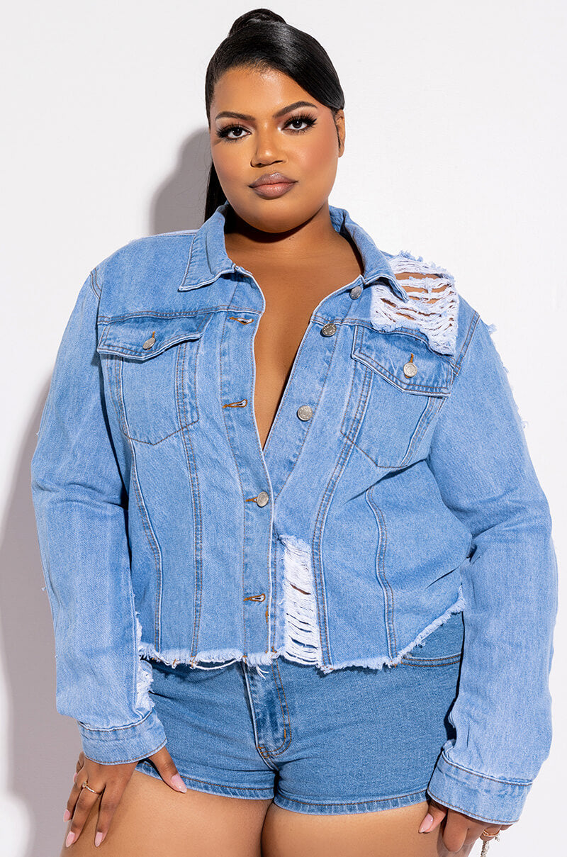 PLUS ULTRA DISTRESSED CROP DENIM JACKET