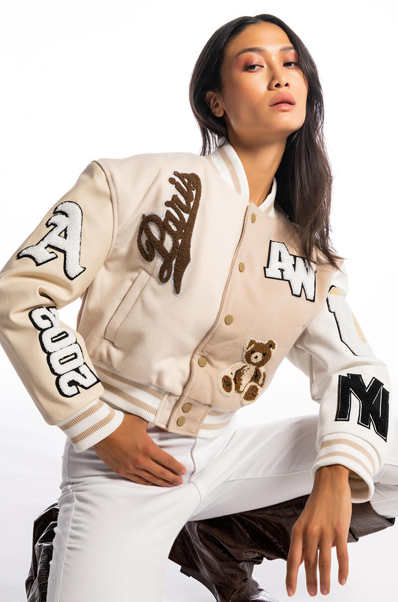 AZALEA WANG BEIGE RUELA VARSITY JACKET