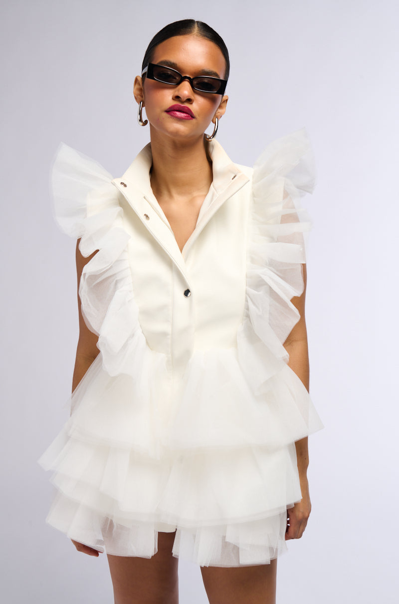 BUTTON DOWN RUFFLE TULLE VEST IN WHITE