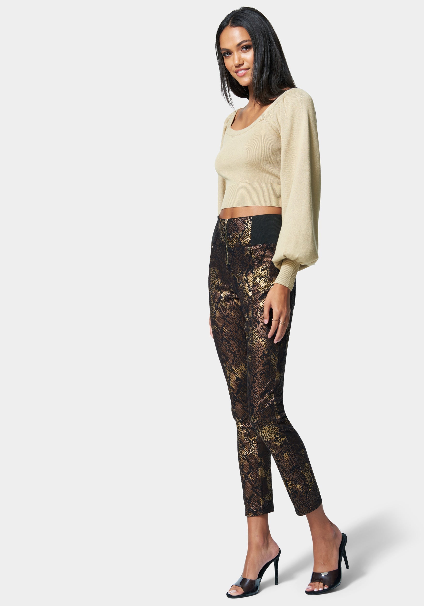 Foiled Print Zip Front Elastic Skinny Jean