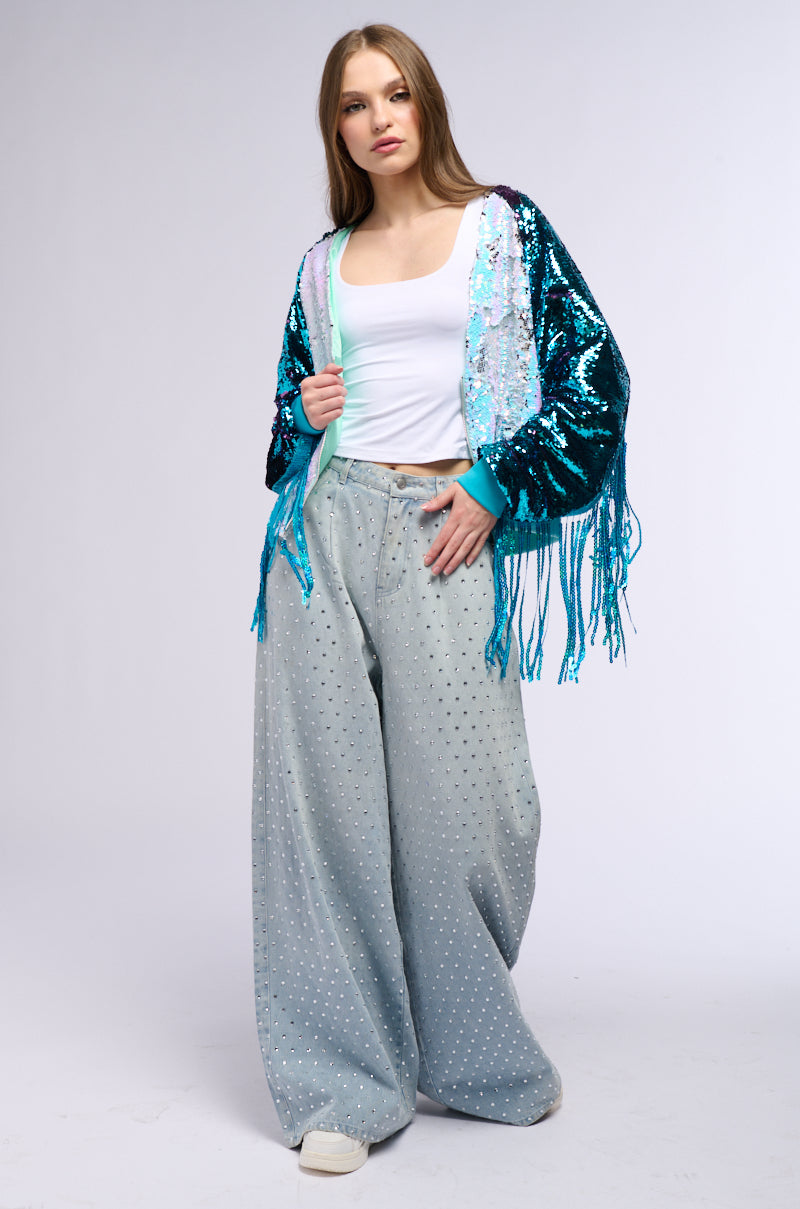 SHAKE IT SEQUIN BOMBER WITH FRINGE