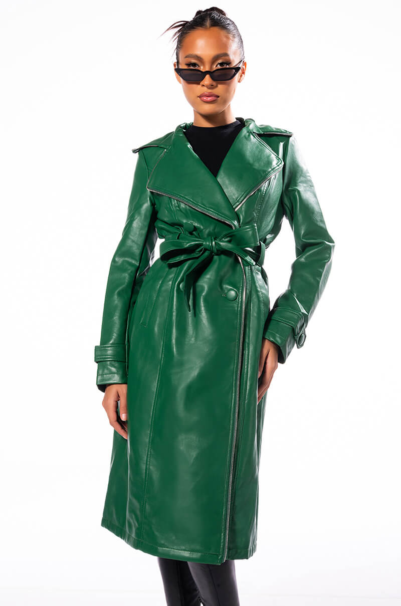 SANDO GREEN PLEATHER TRENCH COAT WITH ZIPPER TRIM