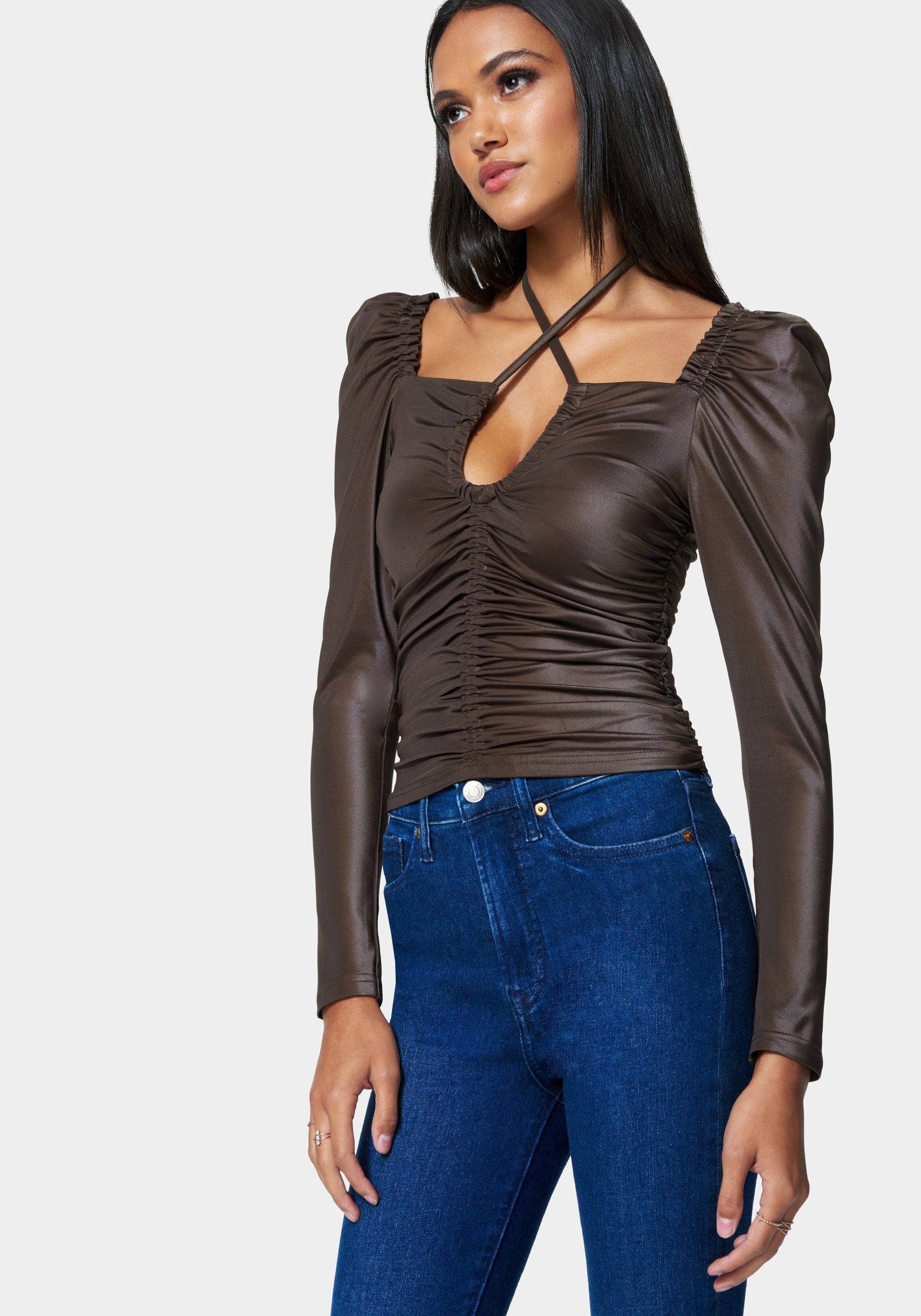 Puff Sleeve Coated Ruched Top