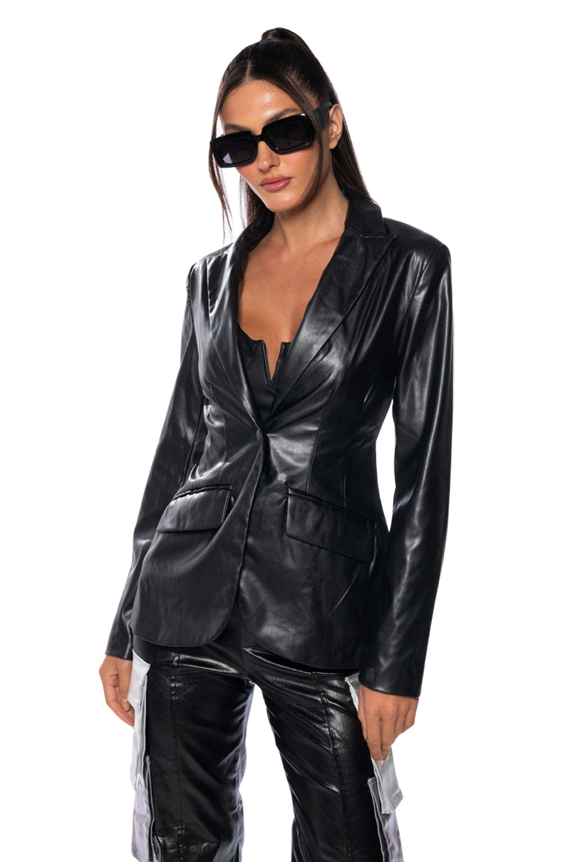 CAN'T BE TAMED FAUX LEATHER BLAZER