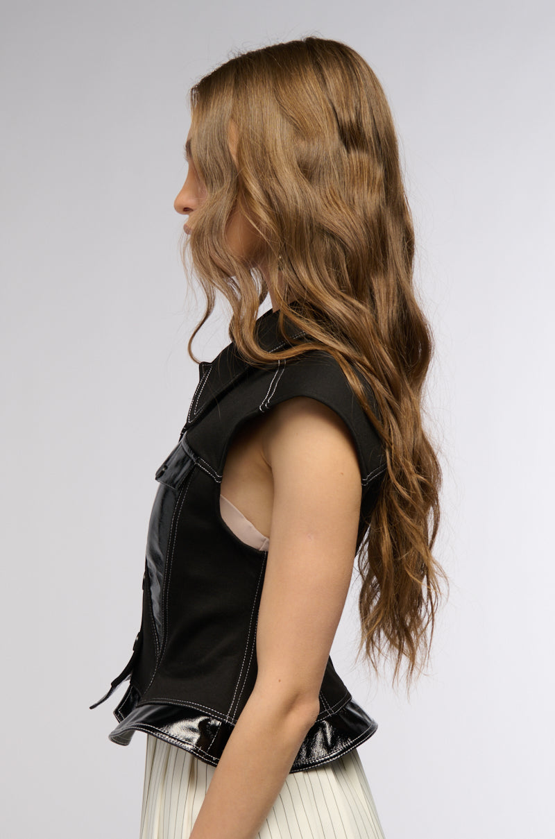 PEPLUM CINCHED VEST WITH PATENT TRIM