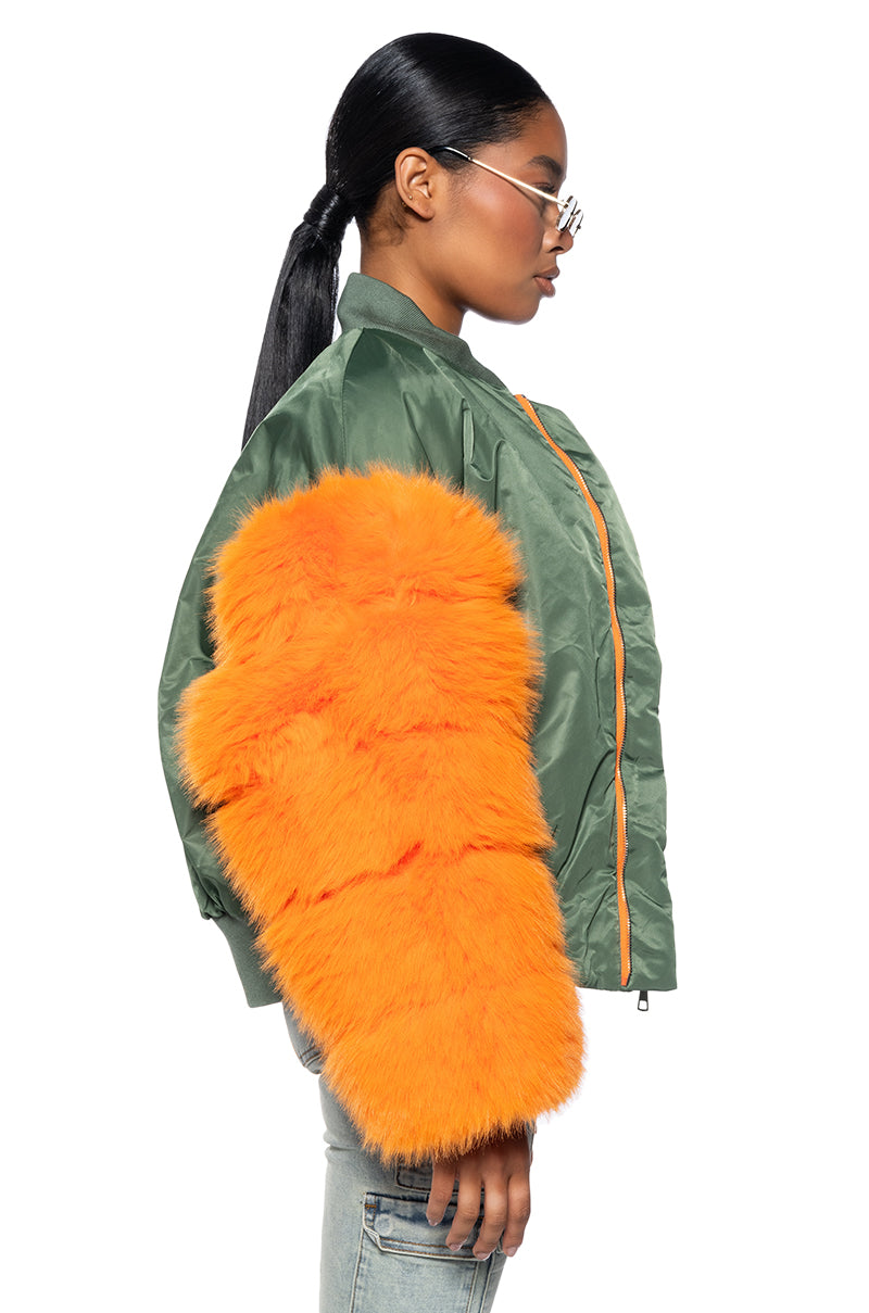 ENDLESS FAUX FUR SLEEVE BOMBER JACKET