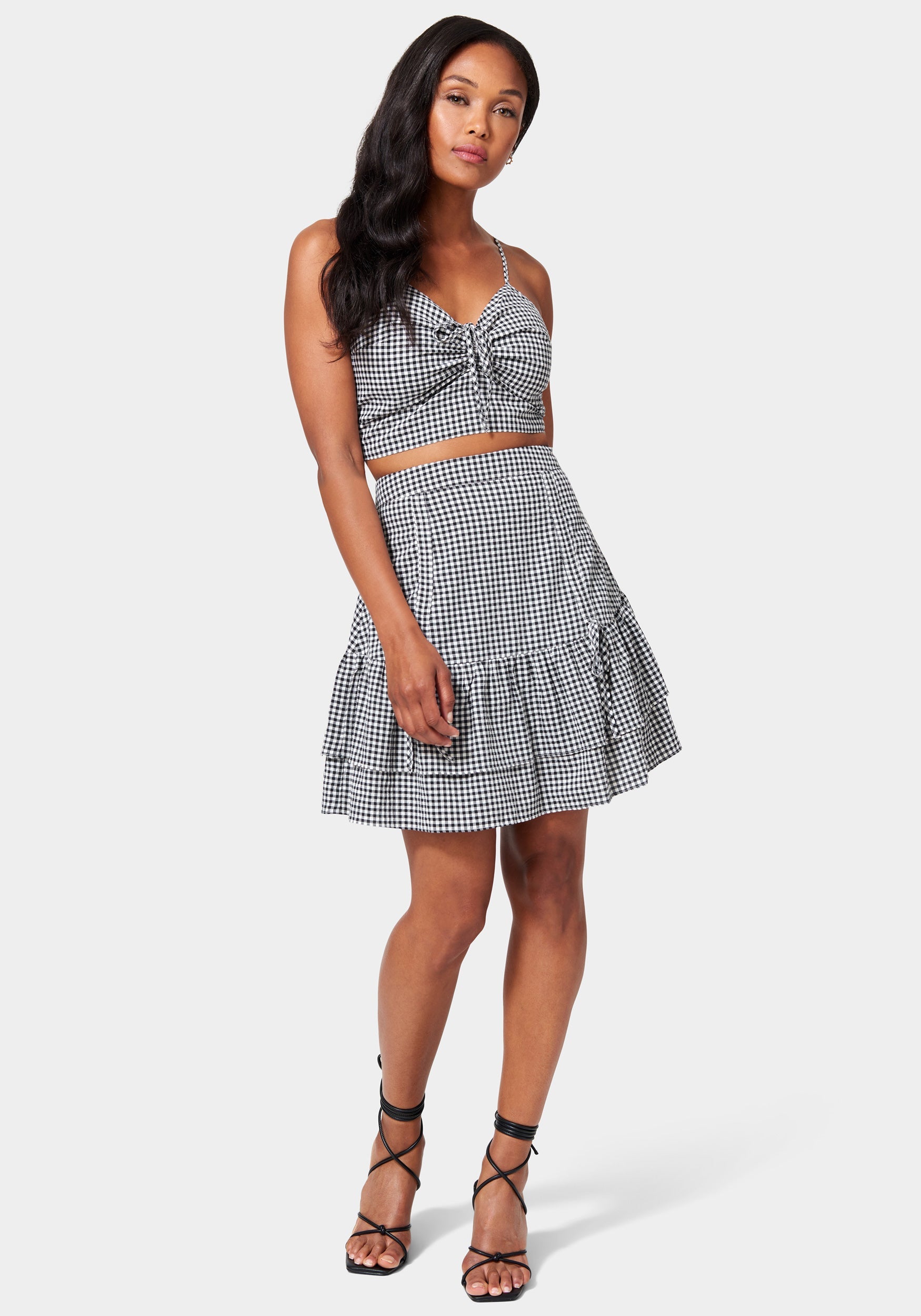 Mini Gingham Front Ruching Flutter Skirt