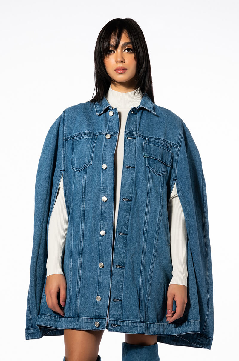 DON'T TALK LOUD DENIM TRENCH PONCHO