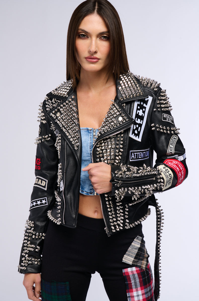 PUNK ROCK STUDDED PATCHWORK MOTO JACKET