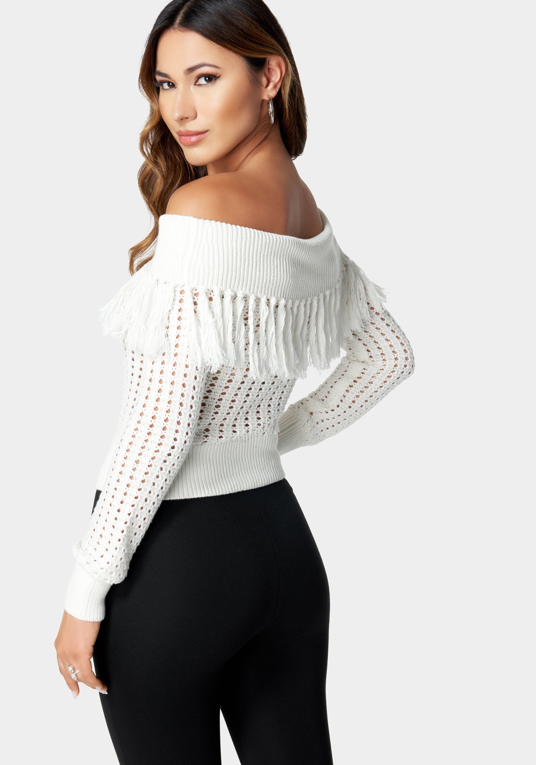 Off Shoulder Fringe Detail Sweater