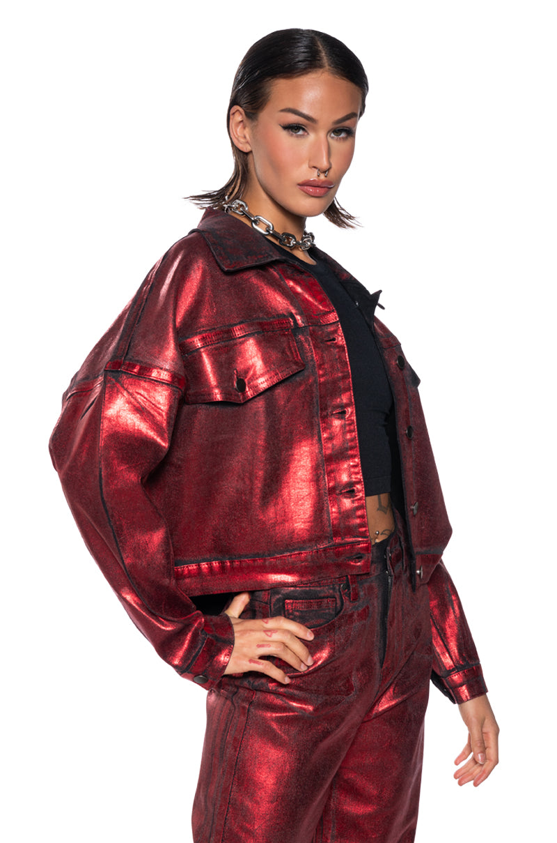 FULL RIDE METALLIC DENIM JACKET IN RED