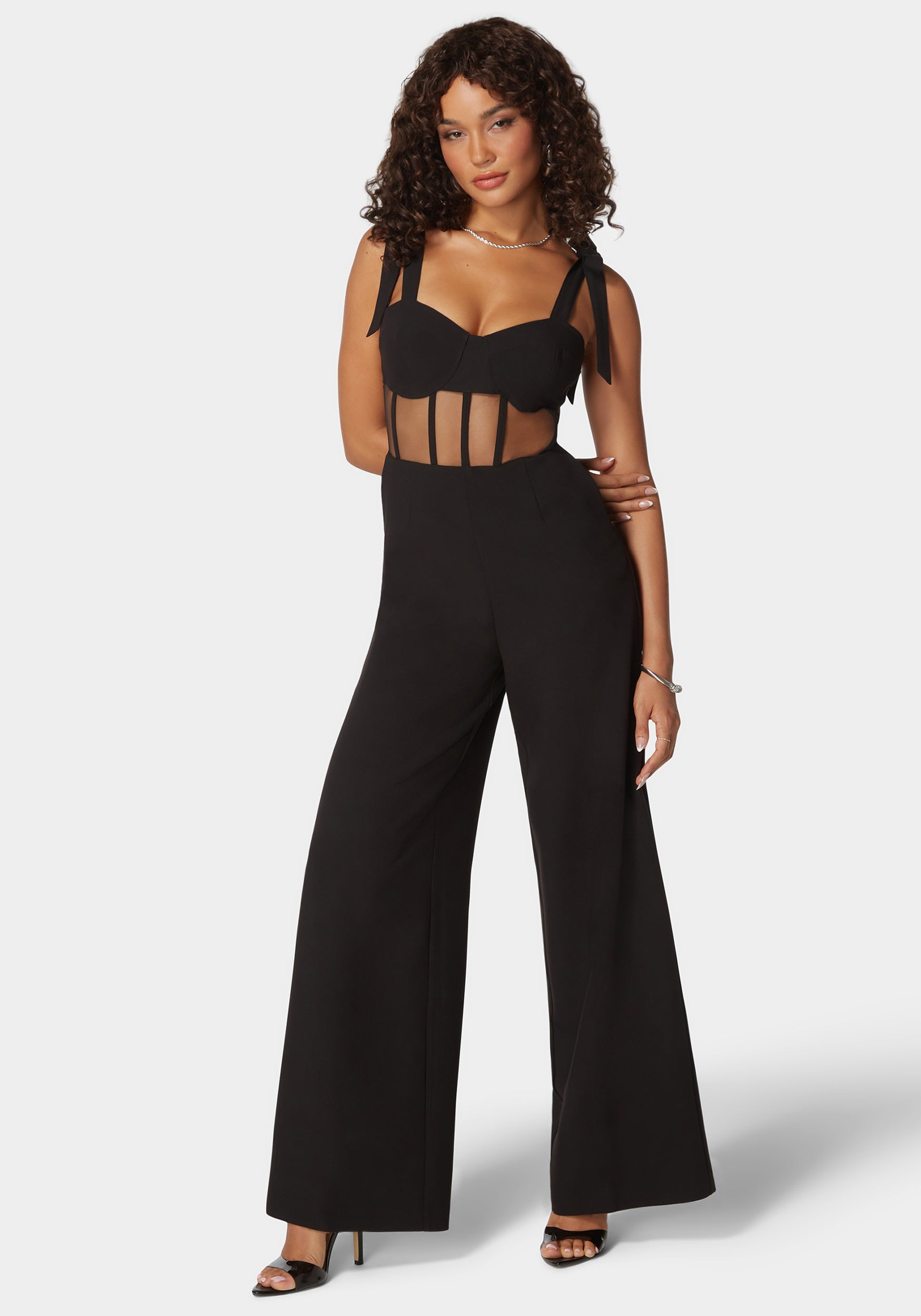 Self Tie Strap Corset Wide Leg Jumpsuit