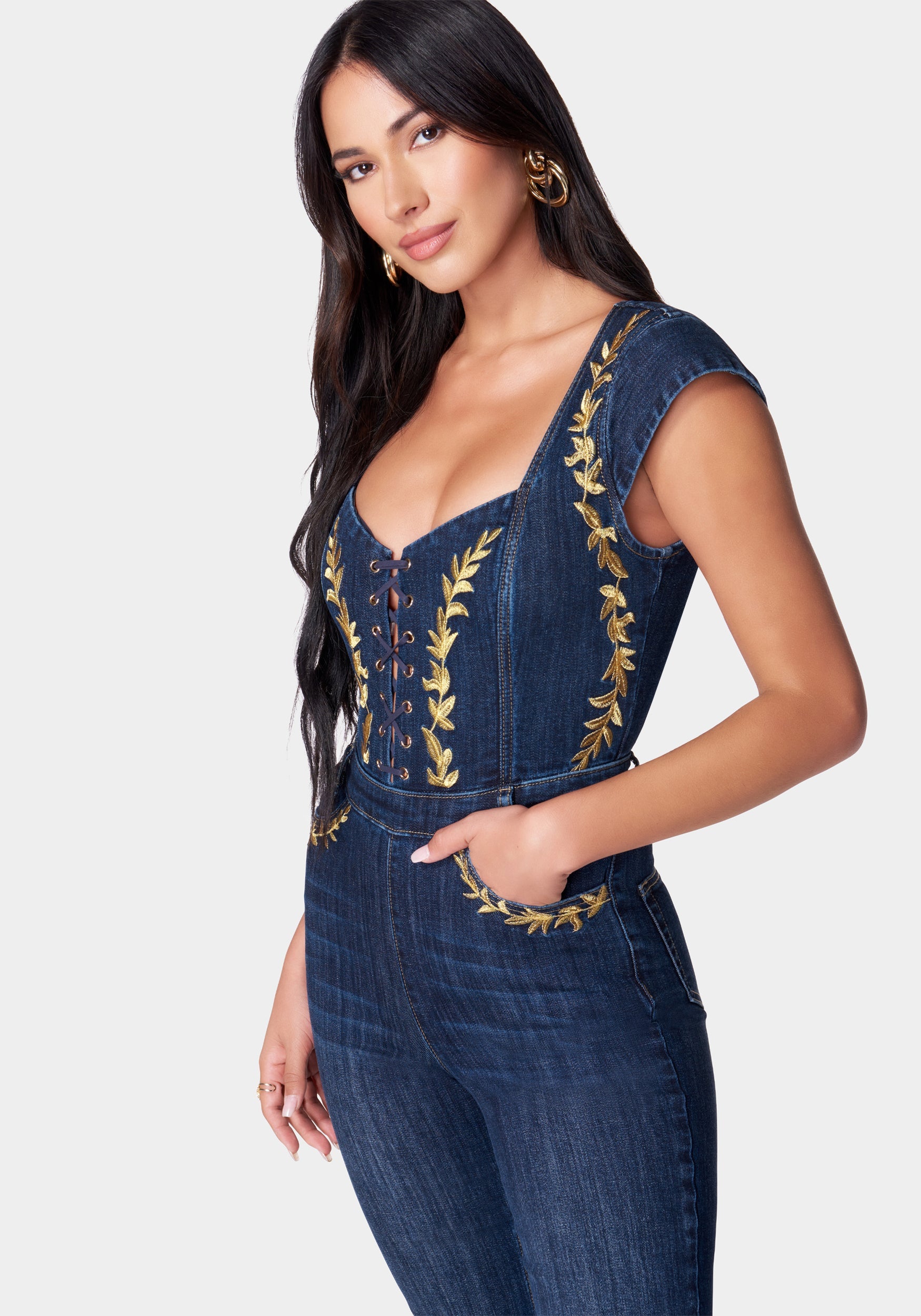 Embroidery Detail Sleeveless Flared Denim Jumpsuit