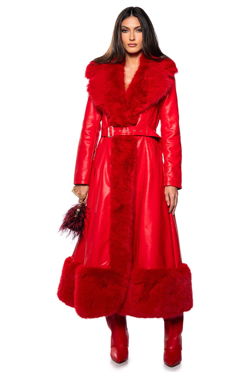 VIVAN LONG PU TRENCH WITH FAUX FUR TRIM