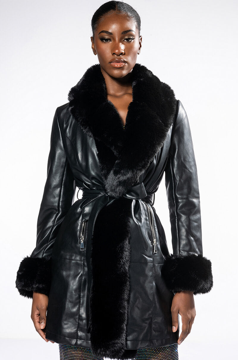 GRAM GIRL PU DRESSY COAT WITH FAUX FUR COLLAR AND WRISTS