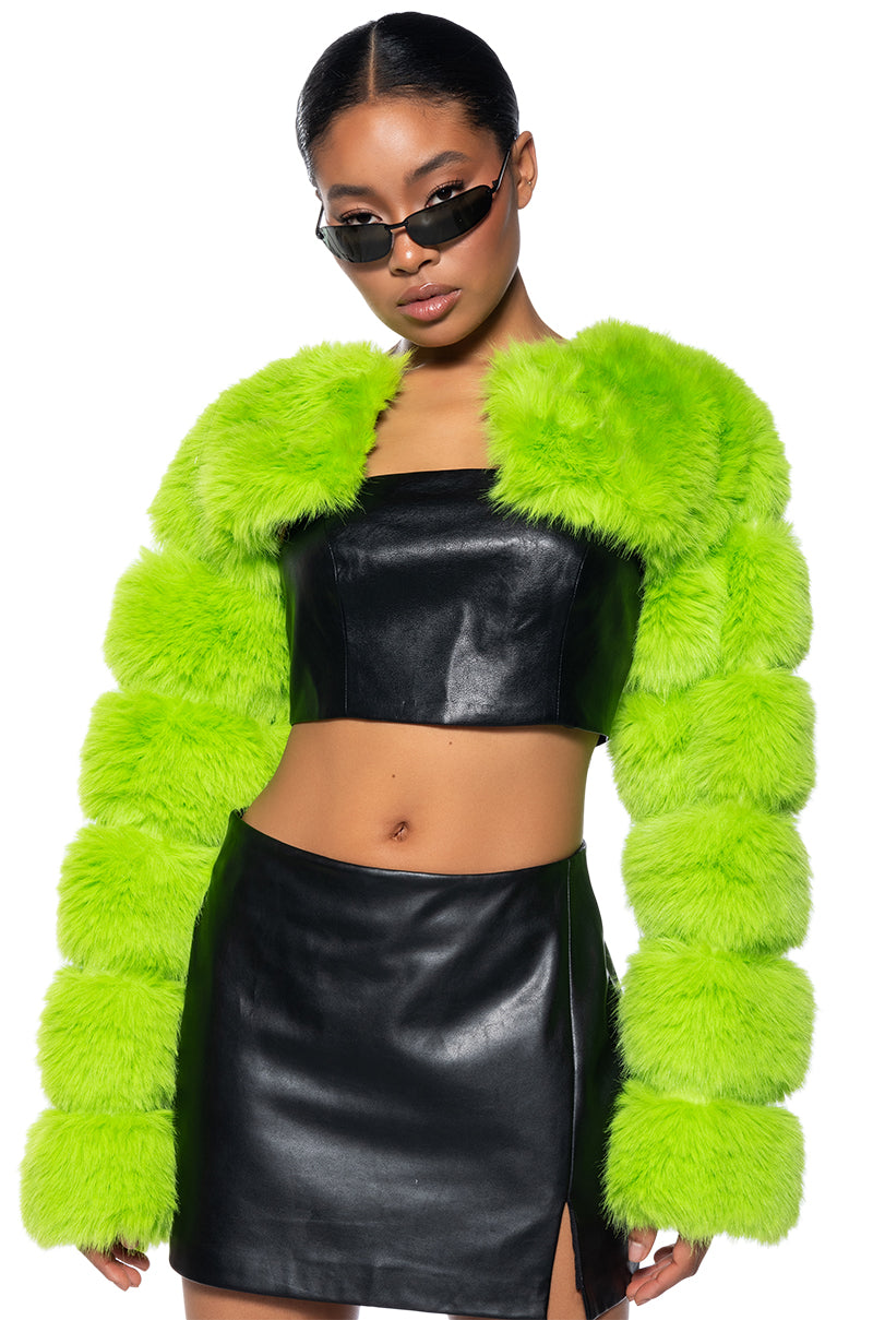 LADIES NIGHT ULTRA CROP FAUX FUR JACKET