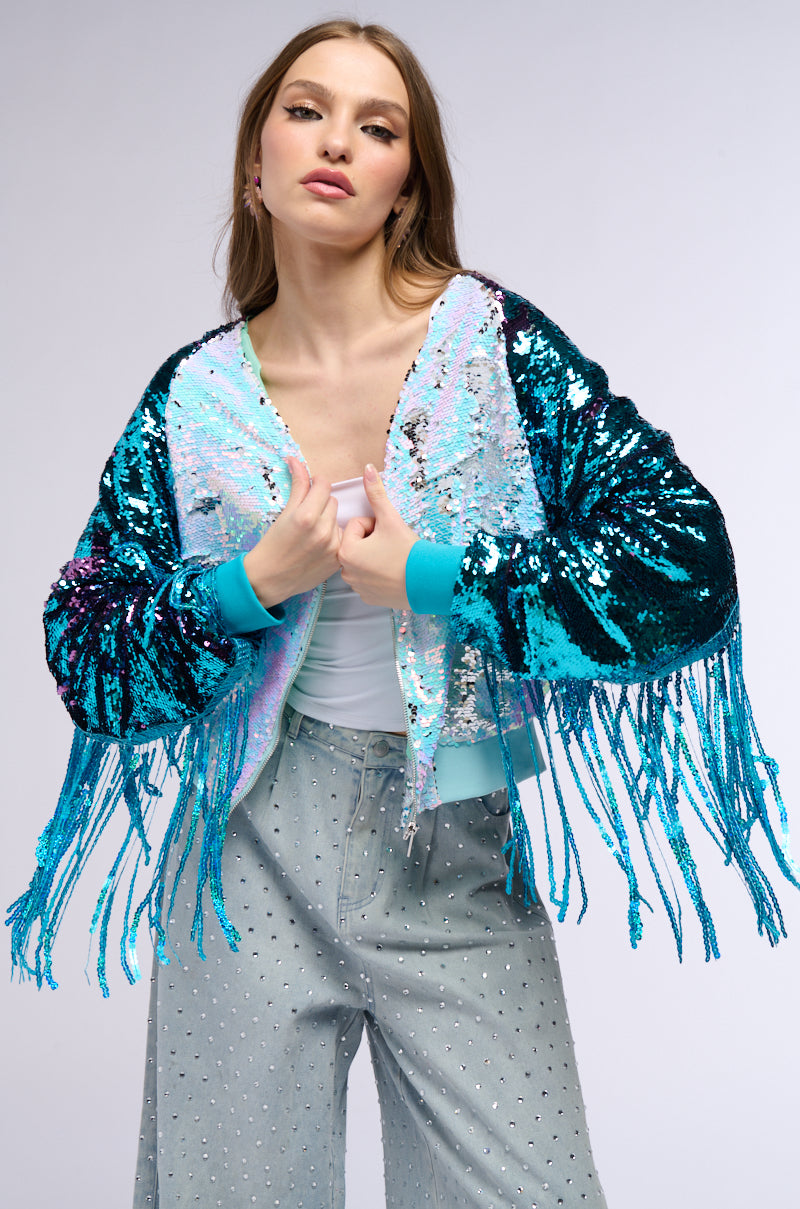 SHAKE IT SEQUIN BOMBER WITH FRINGE