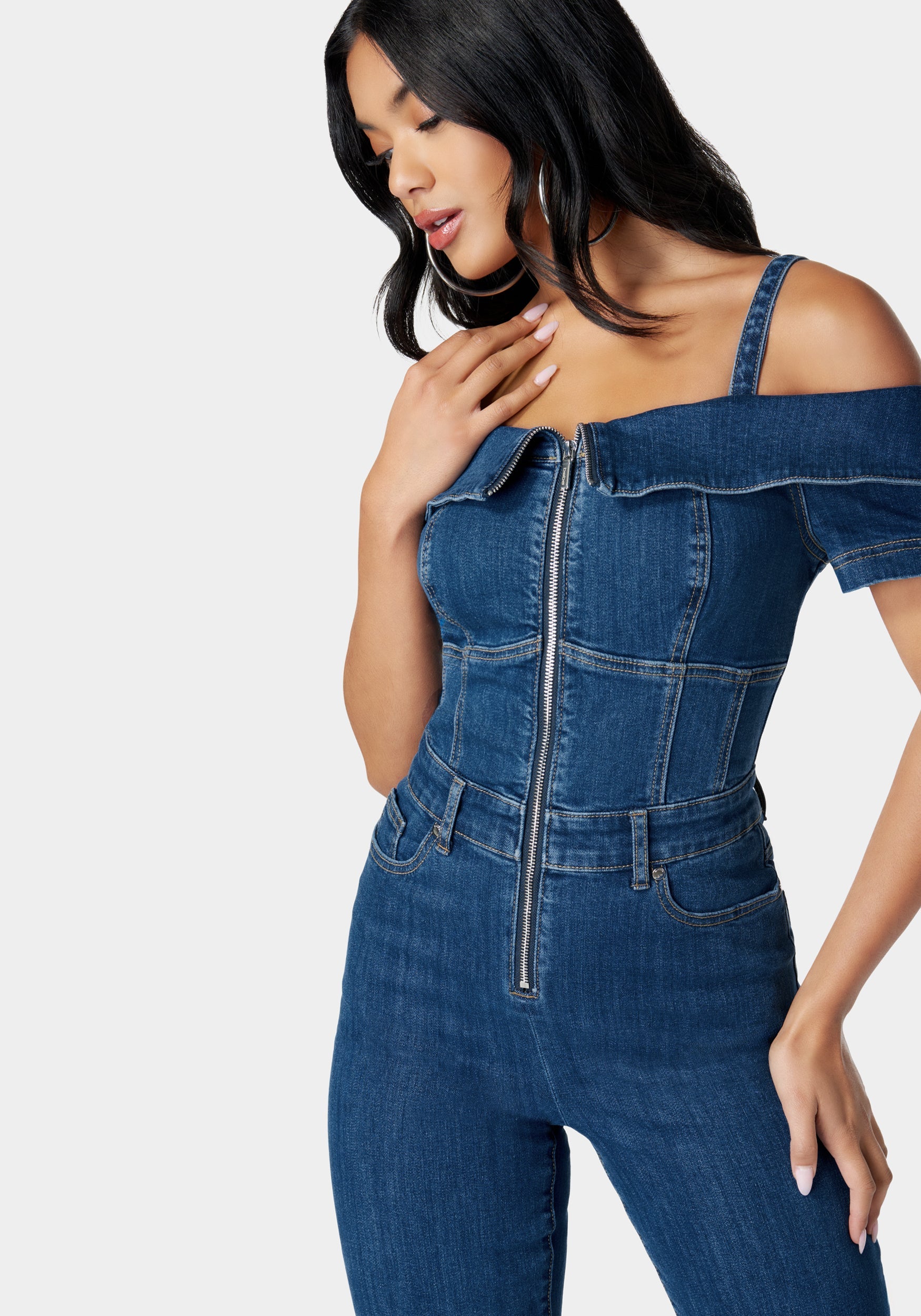 Off Shoulder Zip Front Wide Leg Denim Jumpsuit