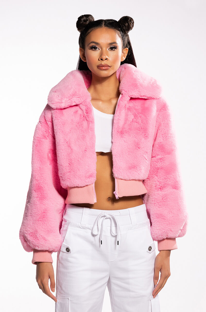 DREW FAUX FUR BOMBER WITH RIB TRIM