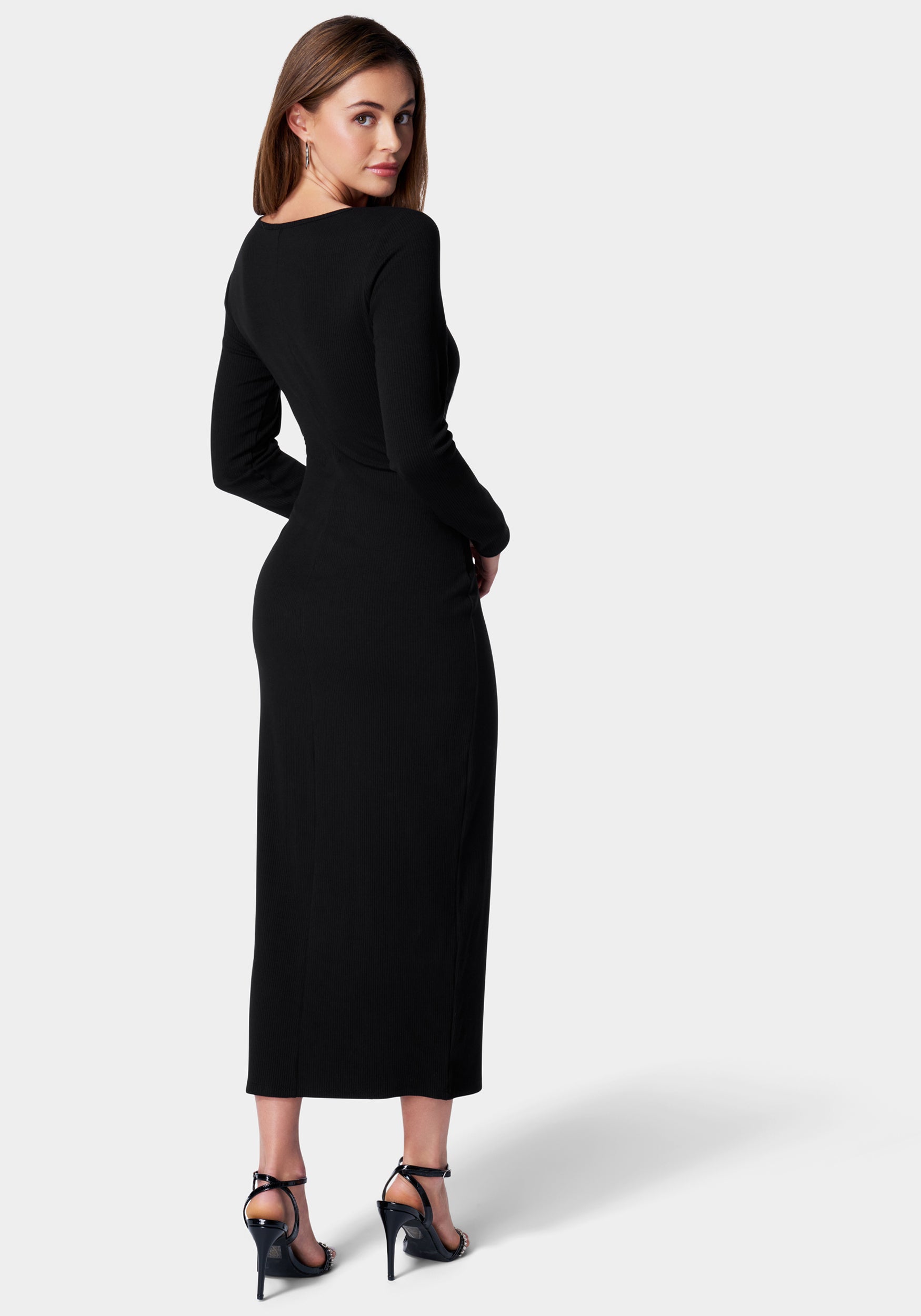 Rib Square Neck Long Sleeve Dress