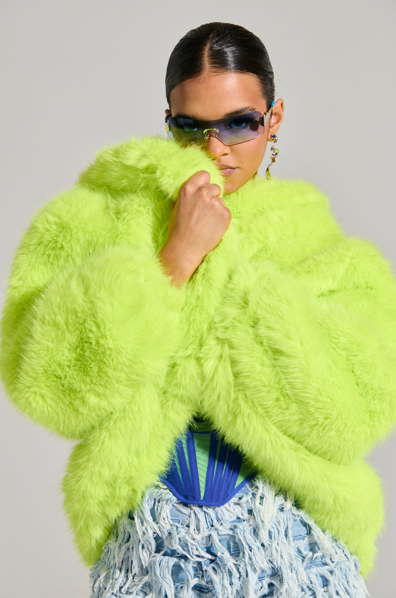 LANA HOODED FAUX FUR COAT IN LIME