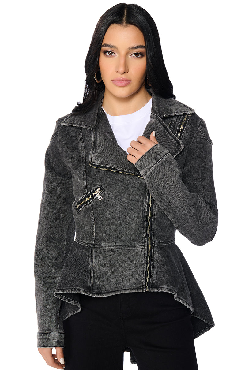 ABOUT THAT TIME DENIM PEPLUM MOTO JACKET