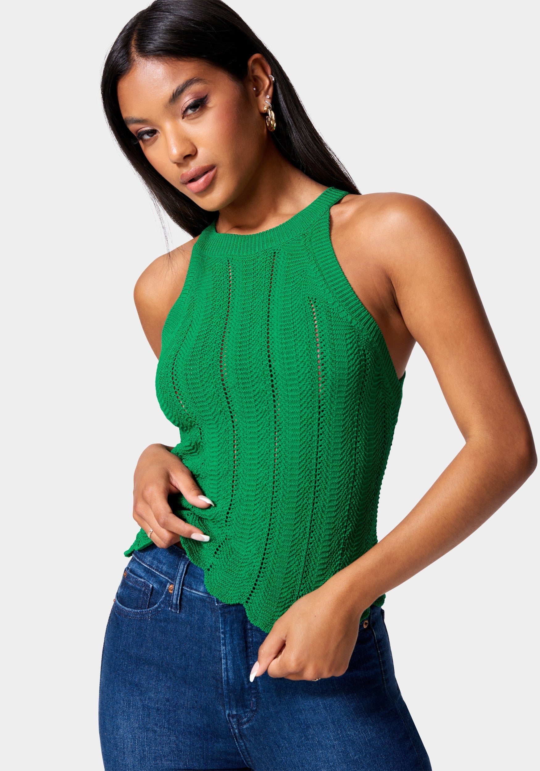 Scallop Hem Pointelle Sweater Halter Top