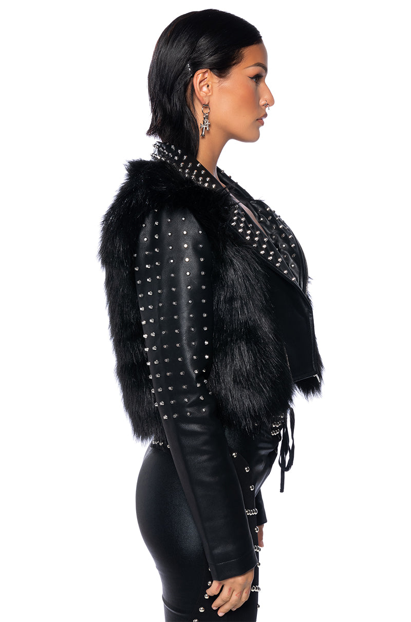 EMMS STUDDED FAUX FUR JACKET