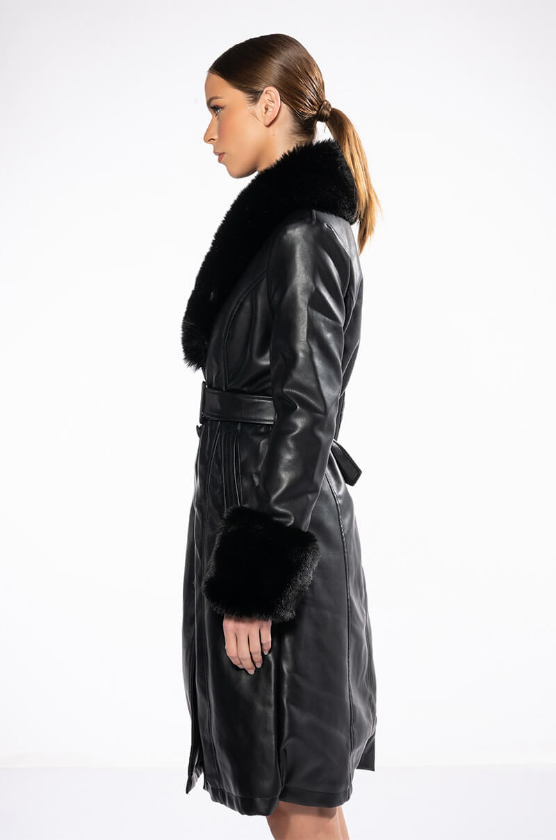 AZALEA WANG MARBOLO PU TRENCH WITH FAUX FUR TRIM