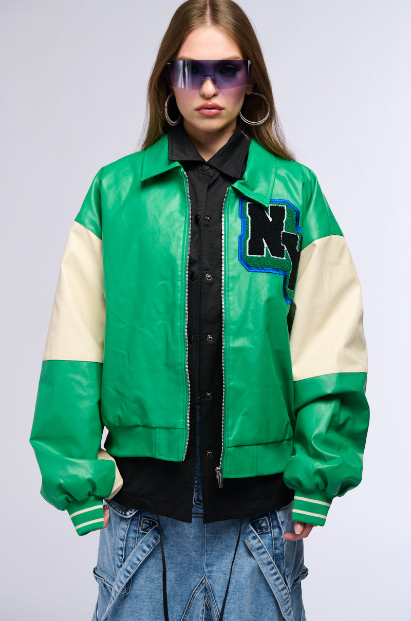 NUEVA YORK VARSITY PATCH FAUX LEATHER BOMBER JACKET