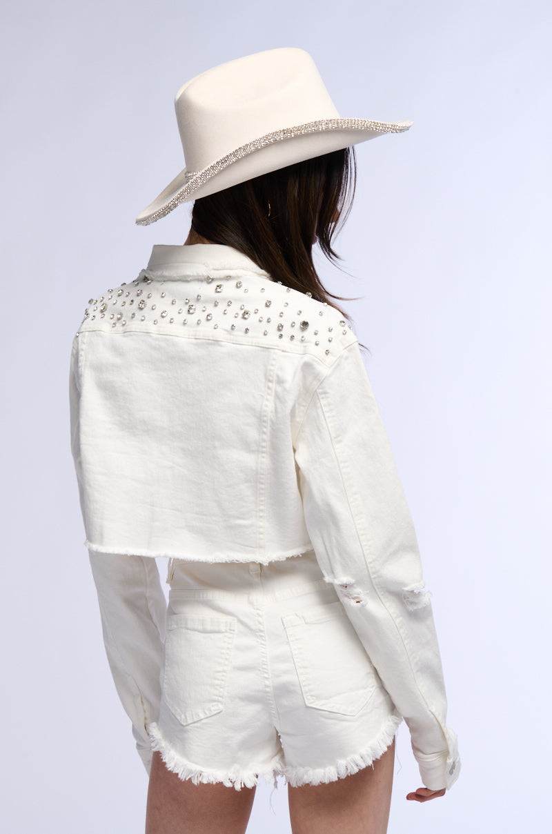 CROPPED WHITE DENIM EMBELLISHED JACKET