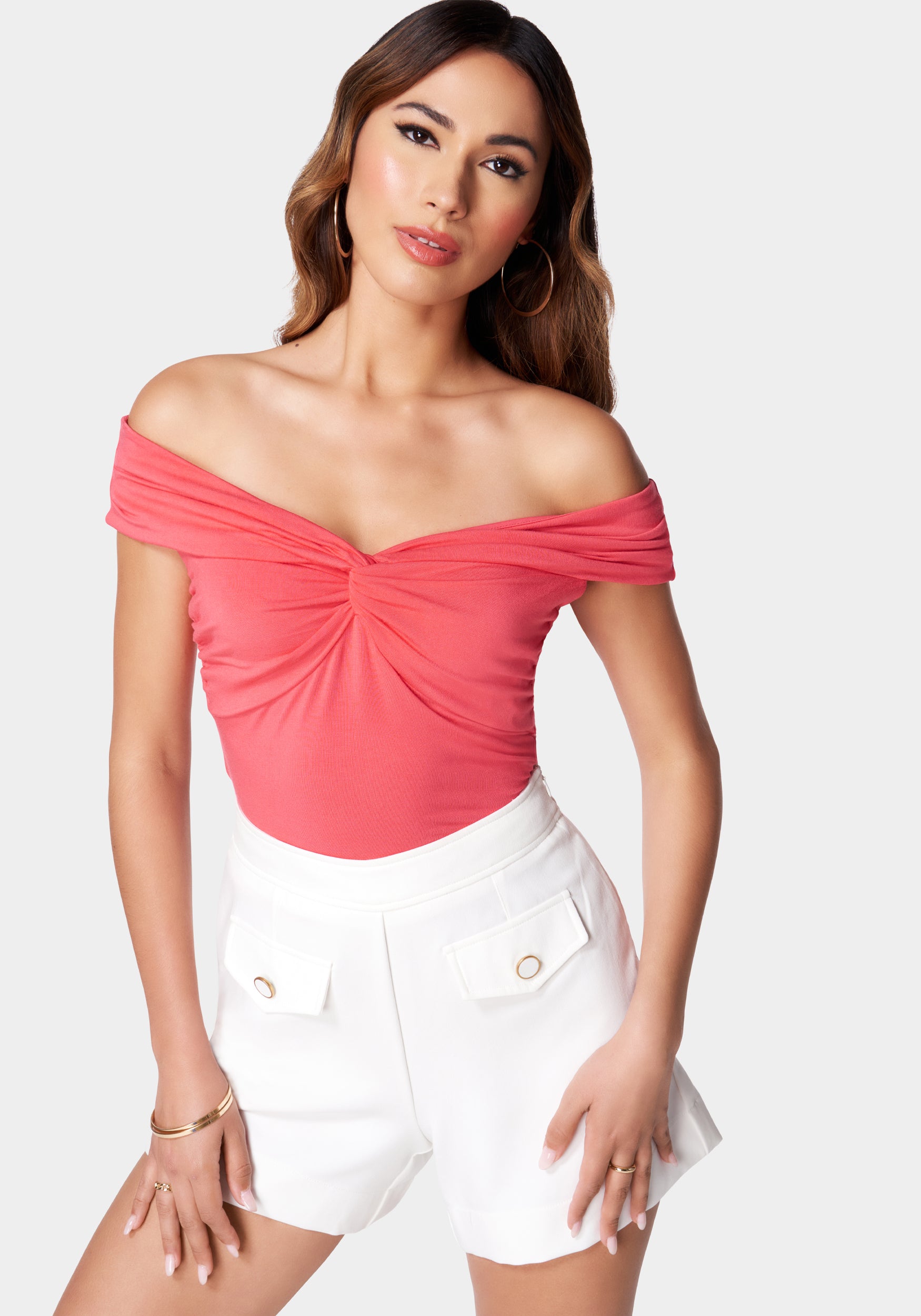 Off Shoulder Front Twist Draped Top