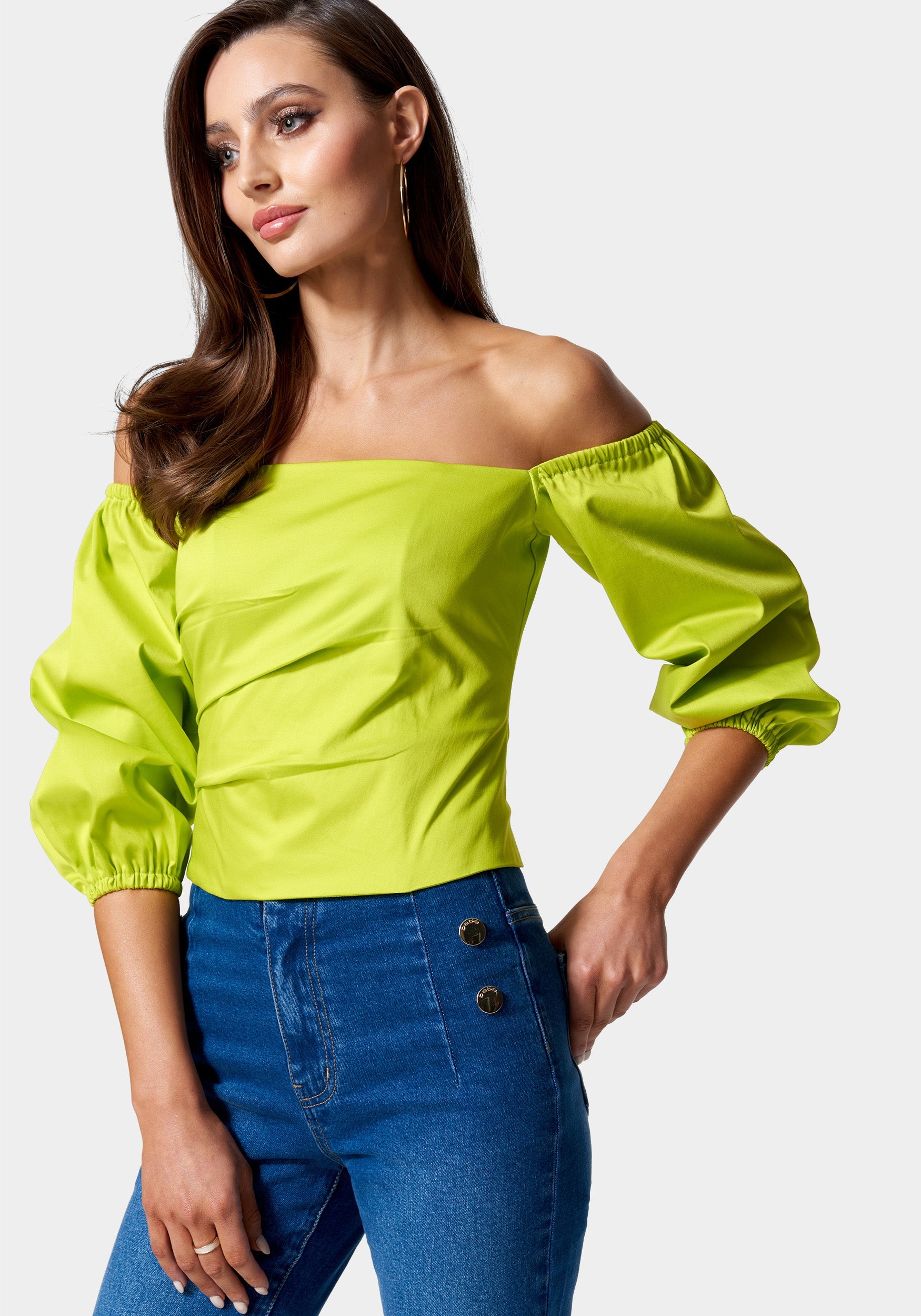 Poplin Bubble Sleeve Off Shoulder Draped Top